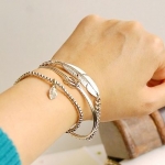 韓版多層次金色單鑽銀色羽毛吊飾手鍊手環-B90101001S2